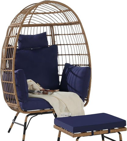 Oversized Wicker Egg Chair with Ottoman, Rattan Patio Egg Chair with Stand and Thick Cushions, Indoor Outdoor Lounge Chair for Backyard, Balcony, Living Room, Blue＋Ottoman