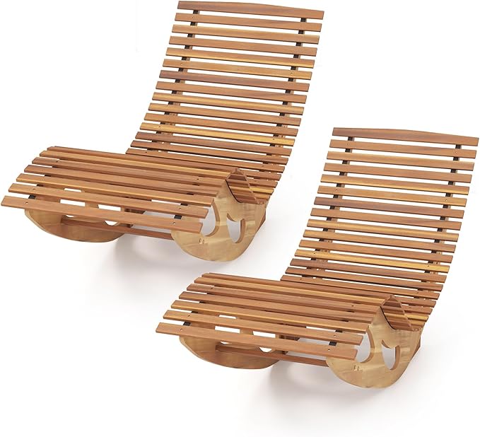 Giantex Acacia Wood Outdoor Rocking Chair, Set of 2 Patio Lounge Chair with Ergonomic Curved & Slatted Seat, High Back, Bottom Stopper, Outside Chaise Lounge, 63”x23.5”x26” Pool Lounger for Porch
