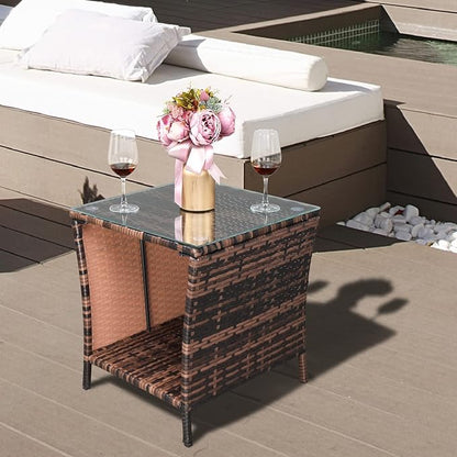 Outvita Outdoor Side Table, Rattan Coffee Table Small End Table with Glass Top Storage for Patio Porch Backyard Balcony