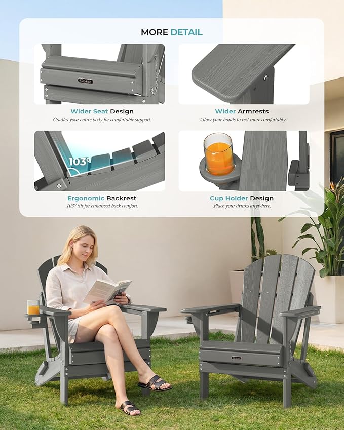 Ciokea Folding Adirondack Chair 6 Pack, Patio Adirondack Chair Weather Resistant, Plastic Fire Pit Chair with Cup Holder - Photo 6