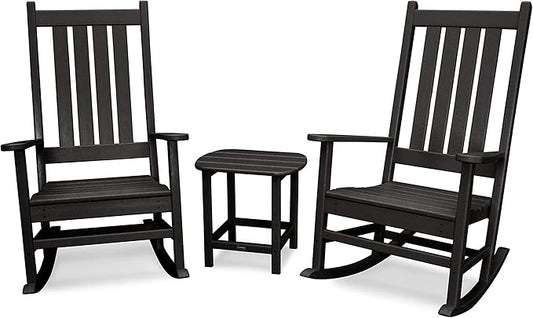 POLYWOOD Vineyard 3-Piece Outdoor Rocking Chair Set with Side Table - Classic Porch Rockers for Patio, Deck & Garden - Fade-Resistant Black HDPE - Traditional American Style Furniture