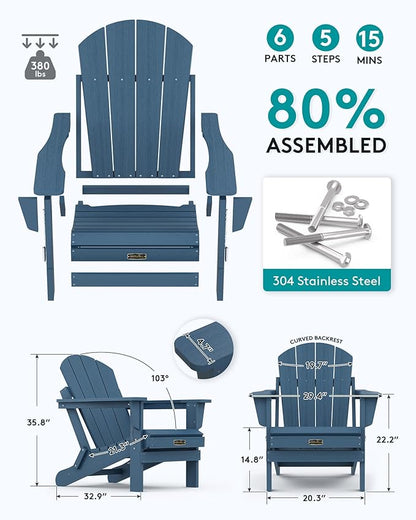 SERWALL Foldable Adirondack Chair Set of 4 for Patio Garden Outdoors Fire Pit-Ocean Blue