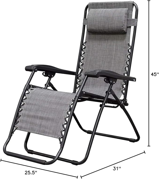 Caravan Sports Zero Gravity Outdoor Portable Folding Camping Lawn Deck Patio Pool Recliner Lounge Chair for Adults, Adjustable Headrest, Gray