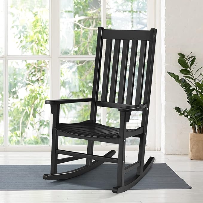 Tangkula Acacia Wood Porch Rocking Chair Set, Wooden Rocking Chair Rocker with High Back & Armrest for Indoor Outdoor Use, Patio Rocker for Garden Lawn Balcony Backyard Poolside (2, Black)