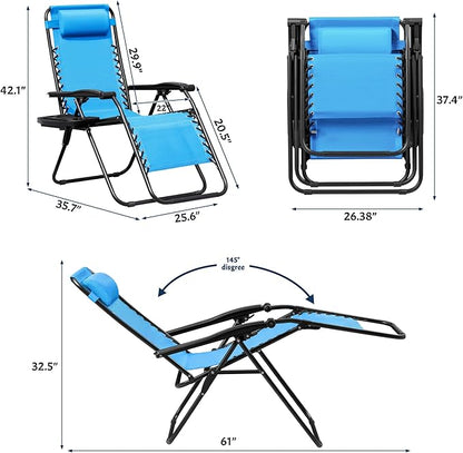 Greesum Zero Gravity Chairs Set of 2 Adjustable Steel Mesh Recliners Beach Deck Lawn Camping Patio Foldable Lounge Chair with Cup Holder Trays and Pillows,Sky Blue