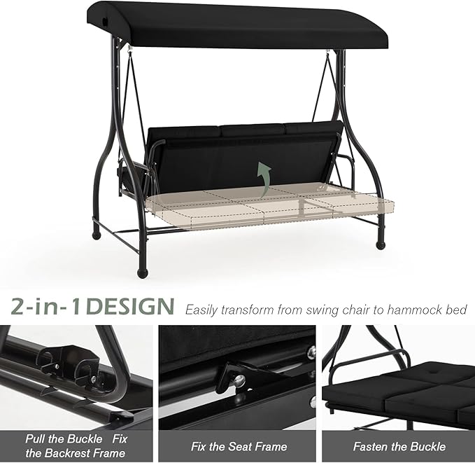 AECOJOY 3-Seat Outdoor Porch Swing with Adjustable Backrest and Canopy - Photo 2