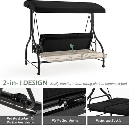 AECOJOY 3-Seat Outdoor Porch Swing with Adjustable Backrest and Canopy, Patio Swing w/Removable Cushions Outdoor Swing Bed for Porch, Backyard, Poolside, Black