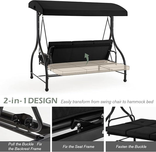AECOJOY 3-Seat Outdoor Porch Swing with Adjustable Backrest and Canopy, Patio Swing w/Removable Cushions Outdoor Swing Bed for Porch, Backyard, Poolside, Black