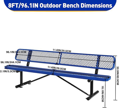 Outdoor Garden Bench, Cast Iron Metal Frame Patio Park Bench with Backrest, Portable Expanded Metal Black Bench, Commercial-Grade Outdoor Seating for Lawn, Patio, Park, Yard, Garden (Blue, 8FT/96'')
