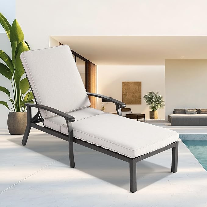 Chaise Lounge Chair Outdoor with Wheels, Cast Aluminum Tanning Chair with Beige Cushion, for Outside Beach Patio Pool Lawn with Adjustable 5 Position Recliner, 1 Pack