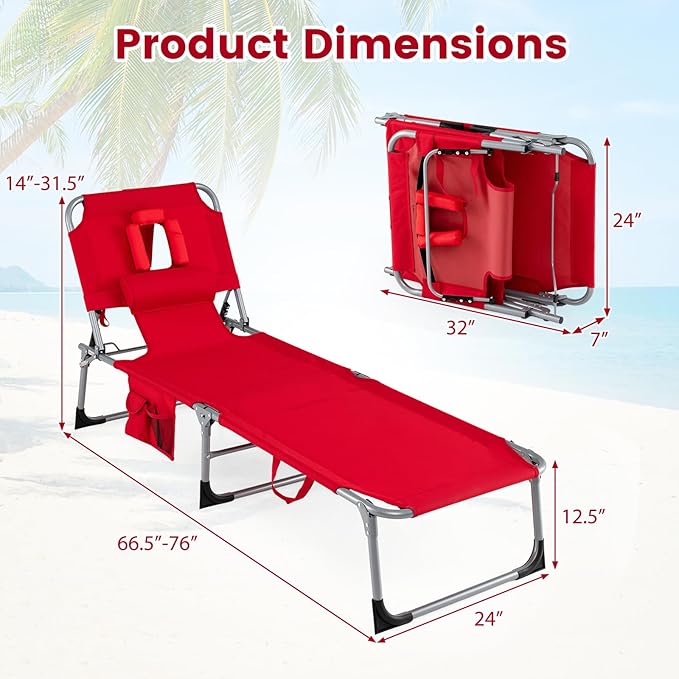 Giantex Face Down Tanning Chair, Folding Beach Lounge Chair w/ 4-Position Adjustable Backrest - Photo 3