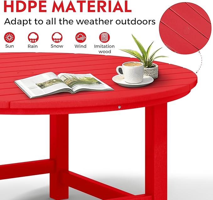 Costaelm Patio Conversation Table, Tatio Accent HDPE Outdoor Weather Resistant, Round Outdoor Porch Balcony Patio Drink Table for Outside, Pool, Backyard, Red
