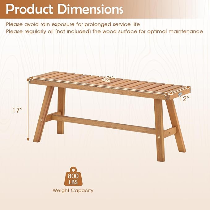Tangkula Acacia Wood Outdoor Garden Bench, 2-Person Patio Backless Bench with Slatted Seat, 800 lbs Capacity, Outside Dining Bench for Front Porch, Balcony and Entryway (1,Natural)