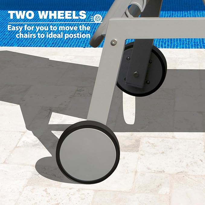 Domi Patio Chaise Lounge Set of 3, Outdoor Lounge Chair, Aluminum Textilene Padded 5 Position Pool Lounger, Stackable Lounge Chair w/Headrest, Wheels, Side Table, for Beach Backyard Lawn, Grey