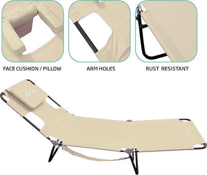 Face Down Tanning Chaise Lounge Chair - Face & Arm Holes - 2 Legs Support - Polyester Material – Backrest Positions - Head Rest Pillow - Beach or Home Use - Read and Tan - Tan Stripes Pattern