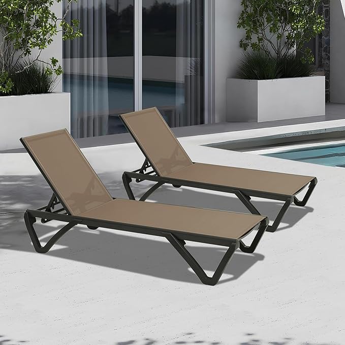 Domi Patio Lounge Chairs Set of 2, Aluminum Pool Chaise Lounge with 5 Position Adjustable Backrest and Wheels, Outdoor Lounge Chairs for Pool, Garden, Beach, Backyard, Khaki