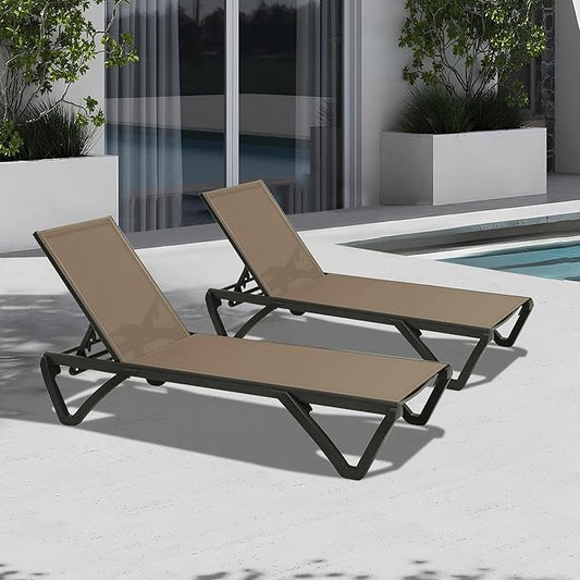Domi Patio Lounge Chairs Set of 2, Aluminum Pool Chaise Lounge with 5 Position Adjustable Backrest and Wheels, Outdoor Lounge Chairs for Pool, Garden, Beach, Backyard, Khaki