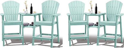 FOOWIN Tall Adirondack Chair Set of 4, All Weather HDPE Bar Height Adirondack Chair with Double Connecting Trays, Adirondack Barstools for Balcony, Deck, Backyard, Patio, Garden Aruban Blue