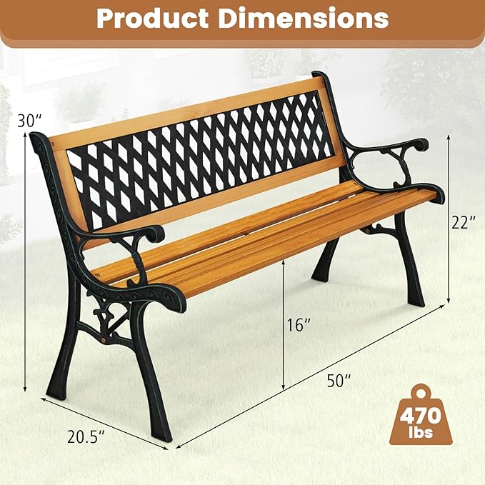 Tangkula Outdoor Garden Bench Park Bench, Patio Bench Chair with Cast Iron & Hardwood Structure - Photo 3