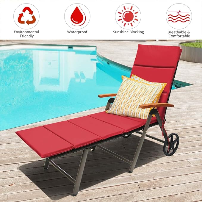 COSTWAY Folding Rattan Lounge with Wheels, Aluminum Patio Lounger with 7 Adjustable Positions, Soft Cushion - Photo 6