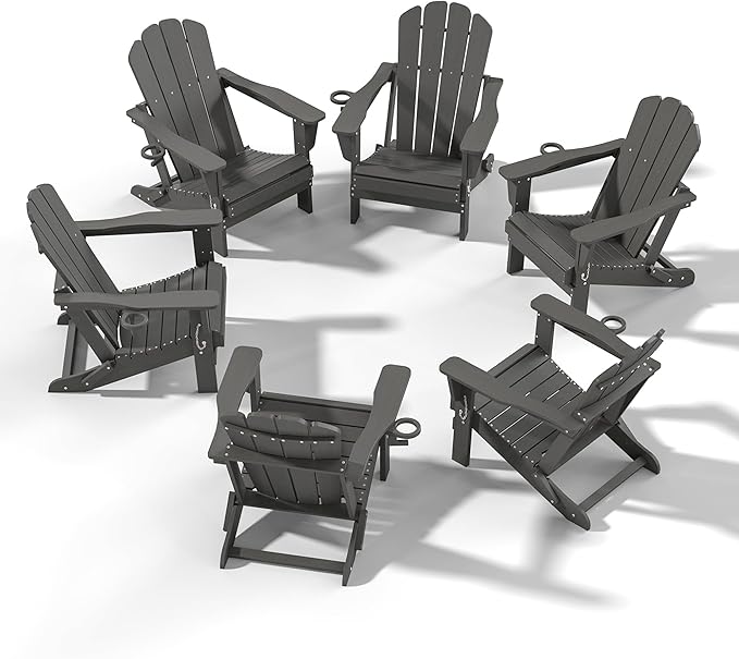 Domi Folding Adirondack Chairs Set of 6, HDPE All-Weather Outdoor Chairs with Cup Holder, Wooden Textured Fire Pit Chairs for Backyard, Patio, Poolside & Deck, Grey