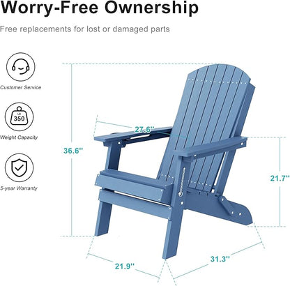 HDPE Foldable Adirondack Outdoor Chair with Cup Holder, Weather Resistant Heavy-Duty Patio Chair for Patio, Backyard, Deck, Fire Pit, Lawn and Porch, Light Blue