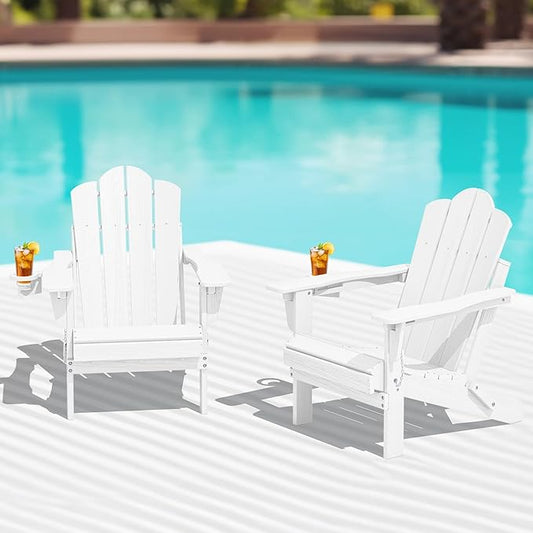 KINGYES Folding Adjustable Adirondack Chairs Set of 2, HDPE All Weather Use Reclining Adirondack Chair, Outdoor Adirondack Chair - White
