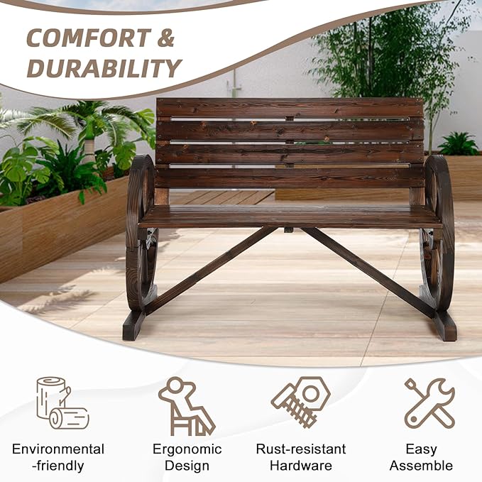 Wooden Wagon Wheel Bench, 2-Person Solid Wood Garden Bench, Rustic Wooden Seat Wagon Wheel Bench Patio Loveseat W/Slatted Backrest, Outdoor Garden Bench for Lawn Yard Porch Park