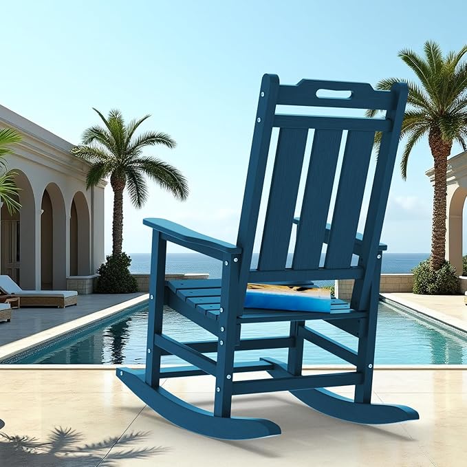 Rocking Chair, Outdoor Rocking Chair for Adults, HDPE Outdoor Chairs with Footboard, All Weather Resistant Porch Rocker, Navy