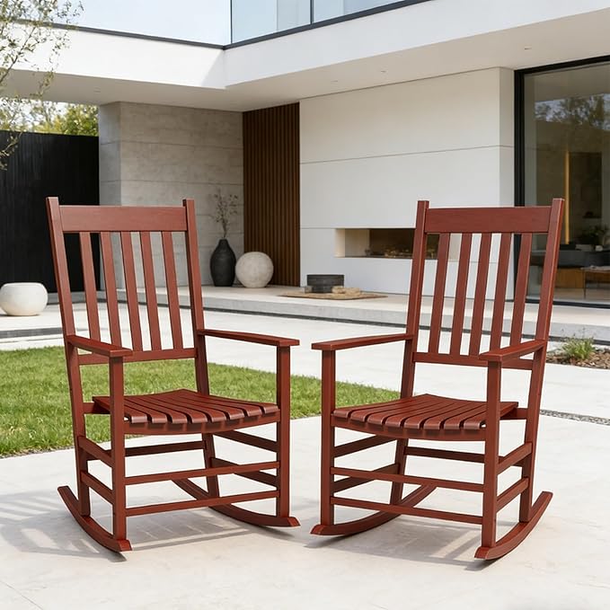 2Pcs Wooden Rocking Chairs, Wood Classic Slatted Patio Porch Rockers for Porches, Backyards, Poolside Balconies, Decks(Red)