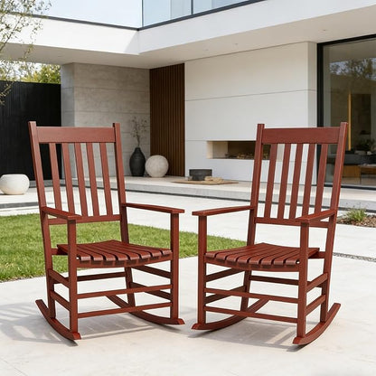 2Pcs Wooden Rocking Chairs, Wood Classic Slatted Patio Porch Rockers for Porches, Backyards, Poolside Balconies, Decks(Red)