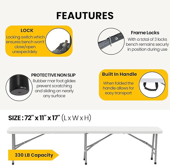 BTEXPERT Set of 5, 6 feet Plastic Folding Bench Indoor Outdoor Portable Picnic Party Garden Dining Seat Camping Soccer Multipurpose Activities w/Handle UV Waterproof Steel Frame Stackable Fold-in-Half
