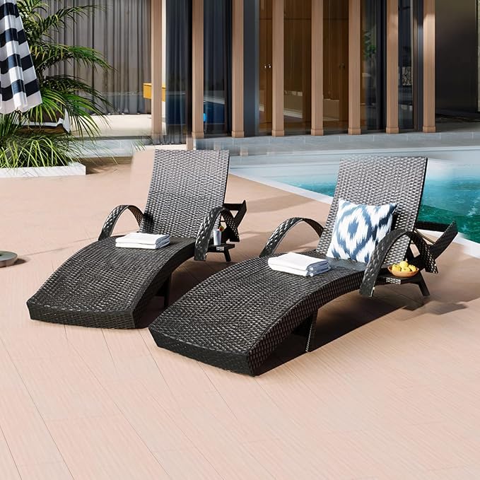 Yayzy Set of 4 Outdoor Rattan Chaise Lounge Chairs, 80” Adjustable Recliners with Armrests, Weather-Resistant PE Wicker Sun Loungers for Poolside, Patio, or Backyard – Dark Brown