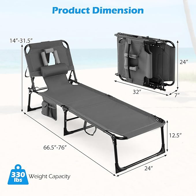 GYMAX Tanning Chair with Face Hole, Sun Bathing Lounge Chairs for Outside with Side Pocket, Folding Portable Face Down Layout Tanning Chair Beach, Backyard, Poolside, Lawn (Grey,1)