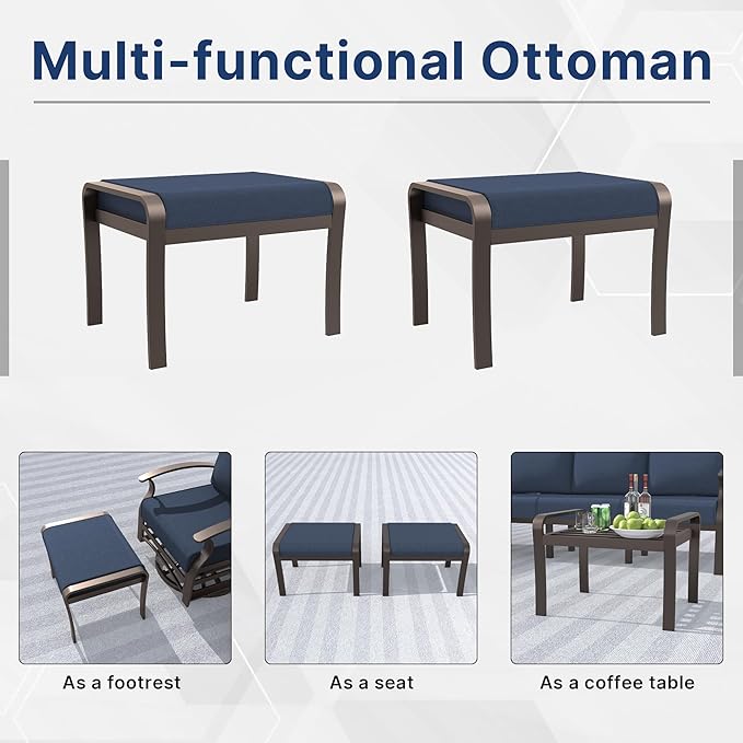 Gotland Aluminum Patio Furniture Set, Metal Outdoor Furniture with 2 Ottomans 5.1’’ High-Resilience Seat Cushions, 5 Piece Patio Set, Oversized Outdoor Sectional Patio Conversation Sets, Navy