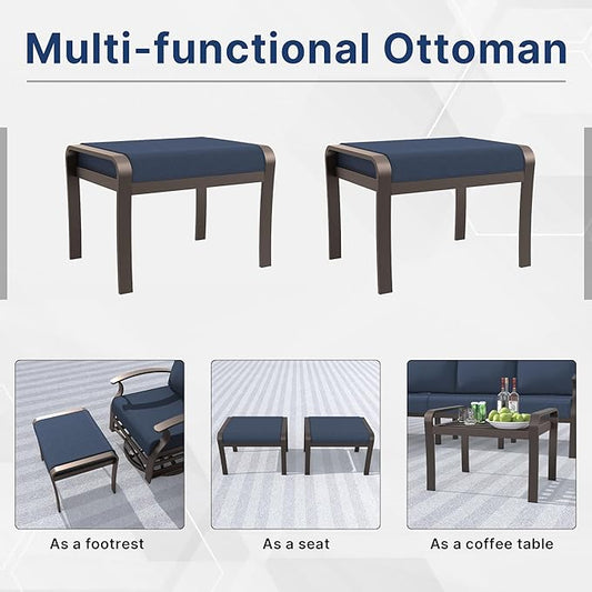 Gotland Aluminum Patio Furniture Set, Metal Outdoor Furniture with 2 Ottomans 5.1’’ High-Resilience Seat Cushions, 5 Piece Patio Set, Oversized Outdoor Sectional Patio Conversation Sets, Navy