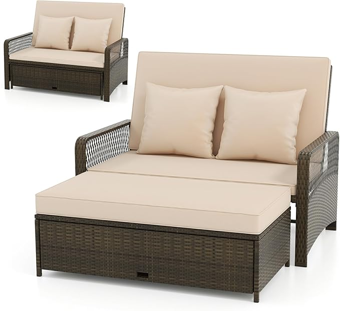 LDAILY Moccha Outdoor Daybed, PE Rattan Double Chaise Lounge w/ 4-Level Adjustable Back, Storage Ottoman, Cushions & Pillows, Separated Seating, Wicker Sunbed for Garden Patio Furniture Set (Beige)