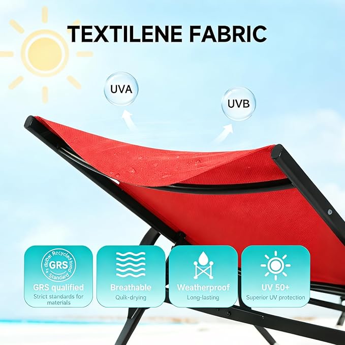Simple Delxue Folding Chaise Lounge Chair with 5 Reclining Positions, Beach Recliner Chair with Armrests - Photo 7