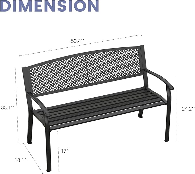 VICLLAX Outdoor Garden Bench, 50” Long Metal Patio Bench with Backrest and Armrests, Modern Slatted Black Park Bench for Front Porch, Lawn, Yard, Garden, Round Pattern Back