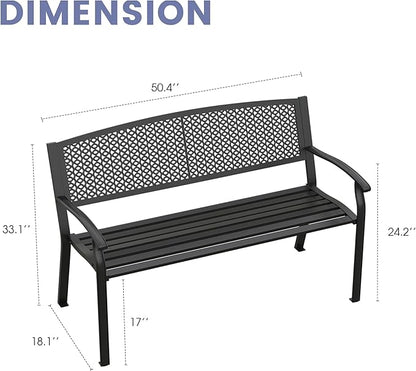 VICLLAX Outdoor Garden Bench, 50” Long Metal Patio Bench with Backrest and Armrests, Modern Slatted Black Park Bench for Front Porch, Lawn, Yard, Garden, Round Pattern Back