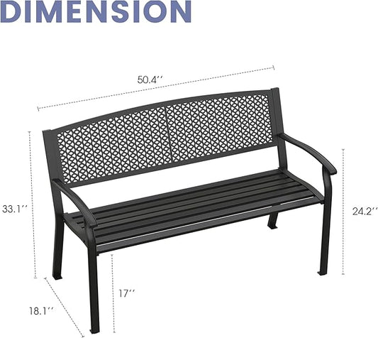 VICLLAX Outdoor Garden Bench, 50” Long Metal Patio Bench with Backrest and Armrests, Modern Slatted Black Park Bench for Front Porch, Lawn, Yard, Garden, Round Pattern Back
