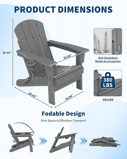 Folding Adirondack Chair Set of 2, All-Weather HDPE Outdoor Chair, Wooden Textured with Cup Holder for patios, Decks, Gardens, fire pits, Grey