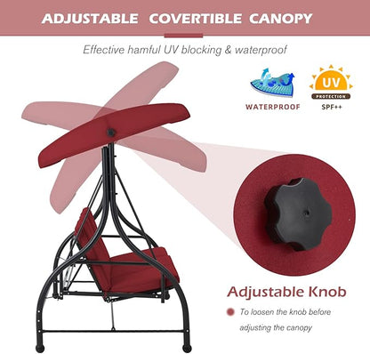 AECOJOY 3-Seat Outdoor Porch Swing with Adjustable Backrest and Canopy, Patio Swing w/Removable Cushions Outdoor Swing Bed for Porch, Backyard, Poolside, Burgundy