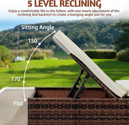 VINGLI Outdoor Chaise Lounge, Wicker Recliner w/Adjustable Backrest, Thick Water Repellent Cushions, Patio Rattan Lounge Chairs for Lawn, Beach, Balcony, Poolside (Brown)