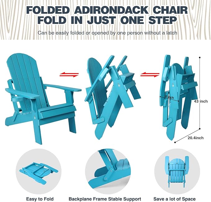 Folding Adirondack Chairs Set of 4, All Weather Resistant Plastic Chairs with Cup Holder, Fold or Unfold Easily in 1 Second, Outdoor Chairs for Patio, Garden, Backyard Deck, Lawn Fire Pit(Lake Blue)