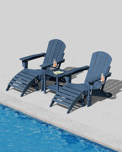 Garvee Folding Adirondack Chair Set of 4 with Ottoman, HDPE Outdoor Patio Chair with Cup Holder, All Weather Resistent Wooden Textured for patios, Decks, Gardens, fire Pit, Navy Blue