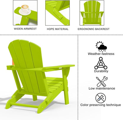 Folding Adirondack Chairs with Cup Holders, Set of 6 HDPE Plastic Outdoor Chairs, Weather Resistant, Real Wood Look, Heavy-Duty Patio Furniture for Deck, Fire Pit, Backyard, Apple Green