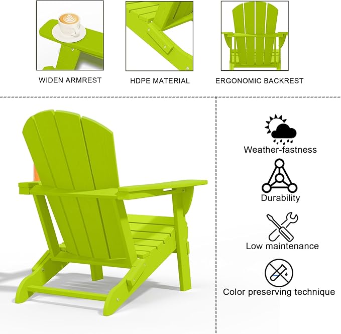 Folding Adirondack Chairs with Cup Holders, Set of 4 HDPE Plastic Outdoor Chairs, Weather Resistant, Real Wood Look - Photo 5