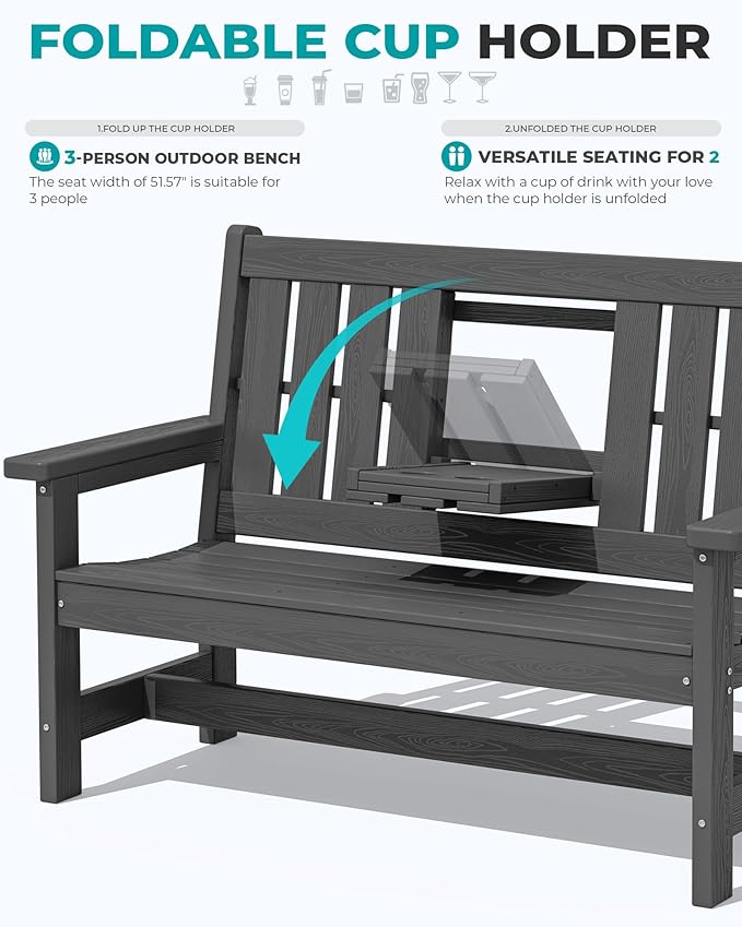 SERWALL Outdoor Bench with Cup Holder, 58" HDPE Garden Park Bench Suitable for 3 Person - Photo 6