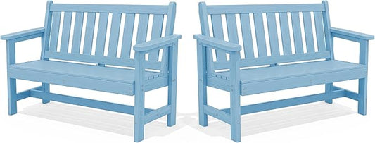 SERWALL Outdoor Bench, HDPE Outdoor Benches Weatherproof, 2-Person Garden Bench with 660 lbs Weight Capacity, Patio Benches for Outdoors, Garden, Porch, Backyard and Park, Light Blue, 2 Pack